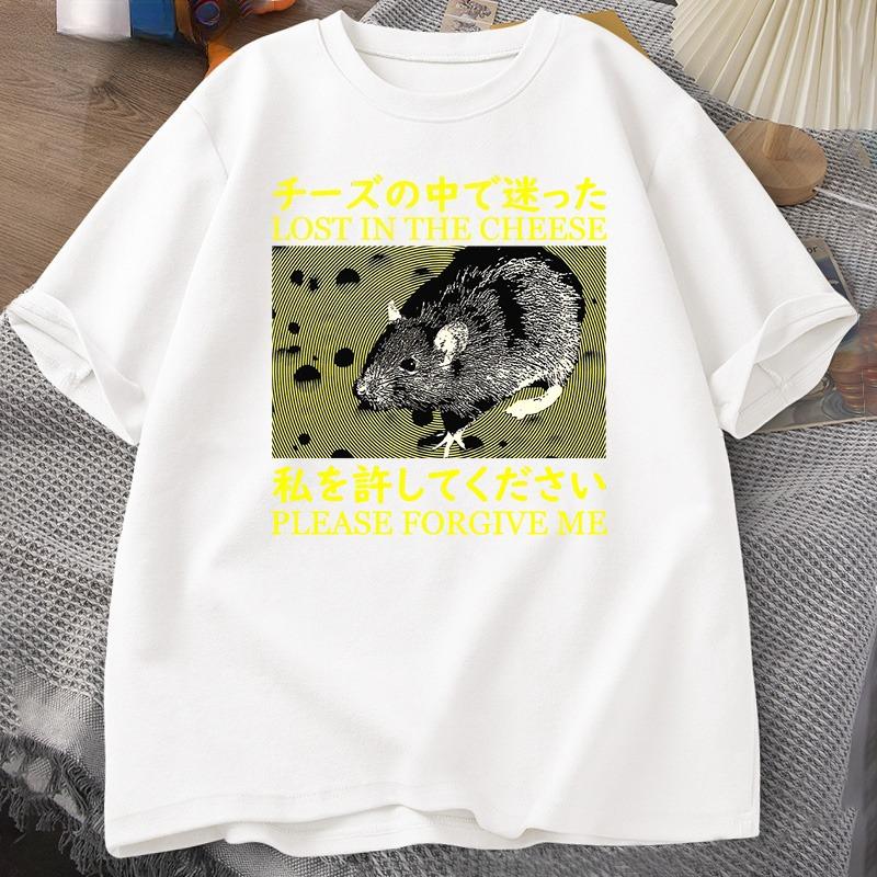 Japanese Style Lost In The Cheese Rat Tshirts Women Cotton Short Sleeve T Shirt Unisex Clothes Tshirts Oversized Streetwear Tops