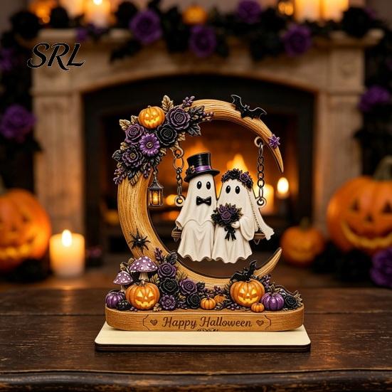 Cute Ghost Figurine for Home Halloween Moon Swing Figurine, Reading On with Floral Spooky Fireplace Mantel Accents Pumpkin Accents, Wooden Bookshelf