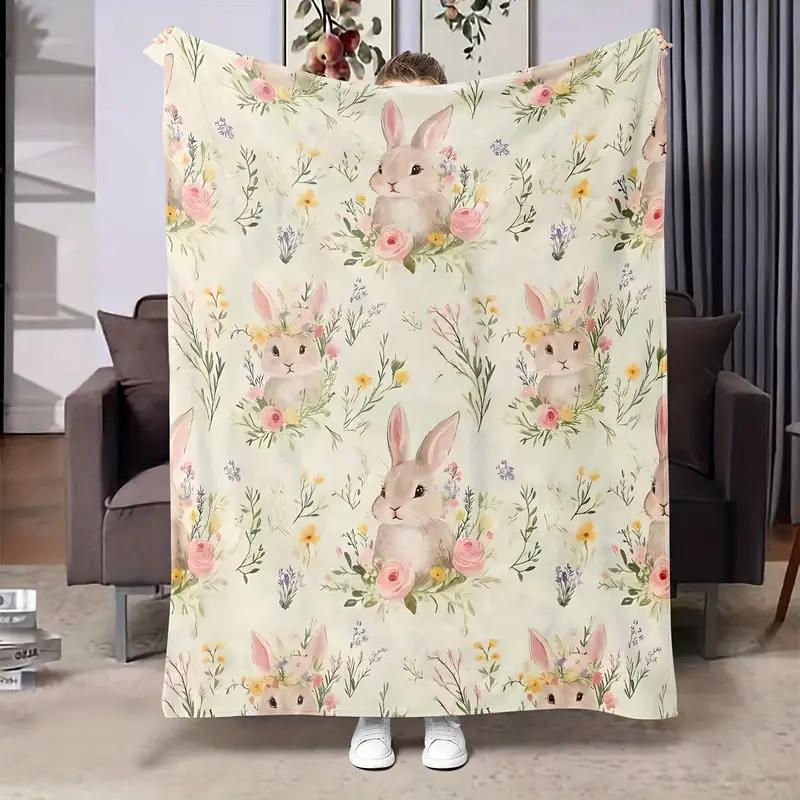 Cozy Floral Bunny Flannel Blanket - Soft and Warm for Sofa, Nap, Office, Camping, Throw Blanket, Bedding - Christmas 130x150cm