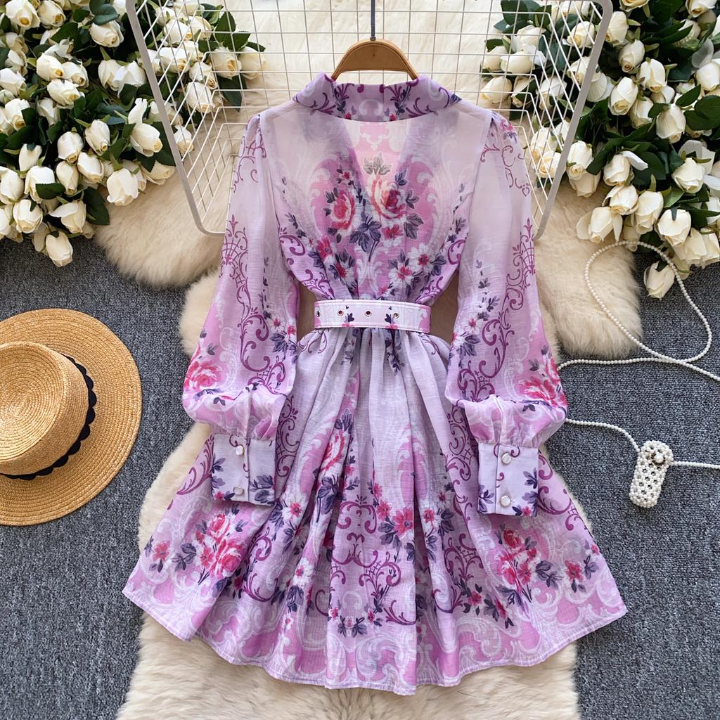 Frühling Sommer Frauen Elegante Volle Hülse Blume Drucken Mini Kurze Hemd Party Kleider Mit Gürtel