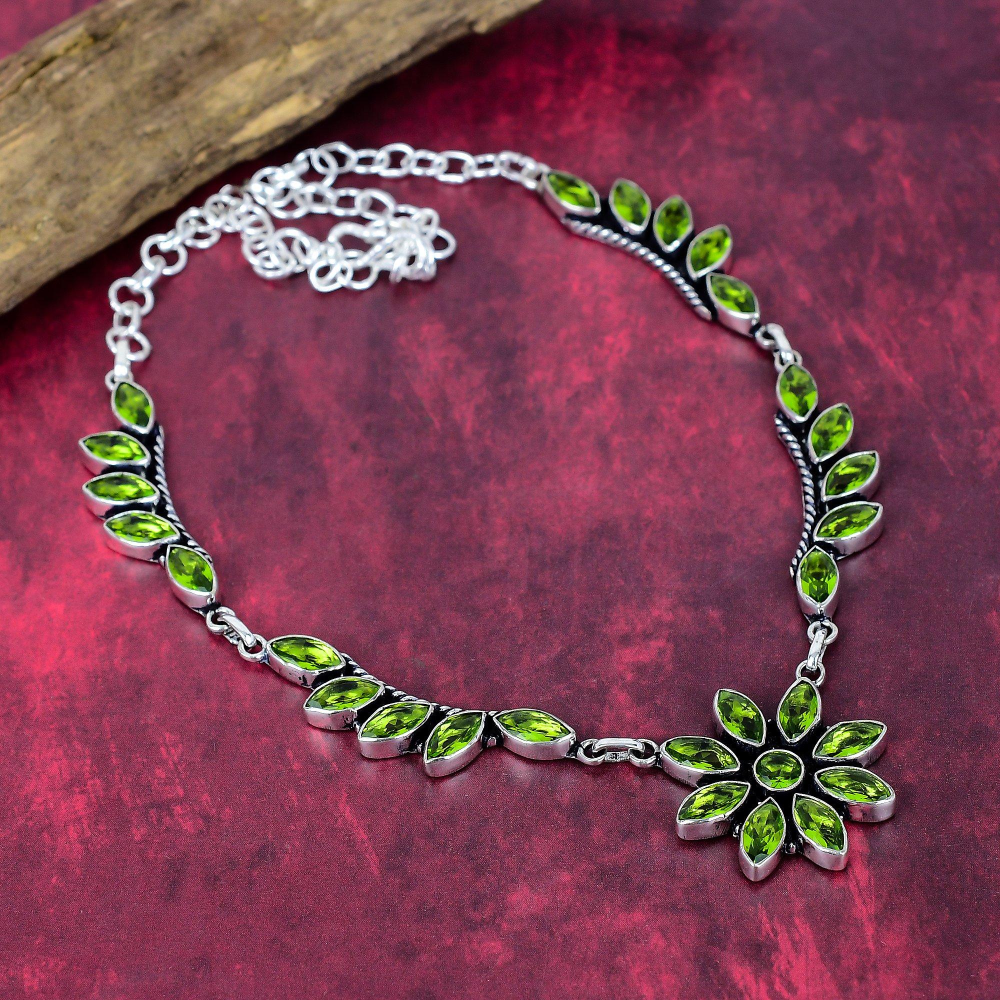 

Перидот Ожерелье из драгоценных камней ручной работы, Ожерелье из стерлингового серебра 925 пробы, Антикварные украшения, Для подарка на помолвку зелёный