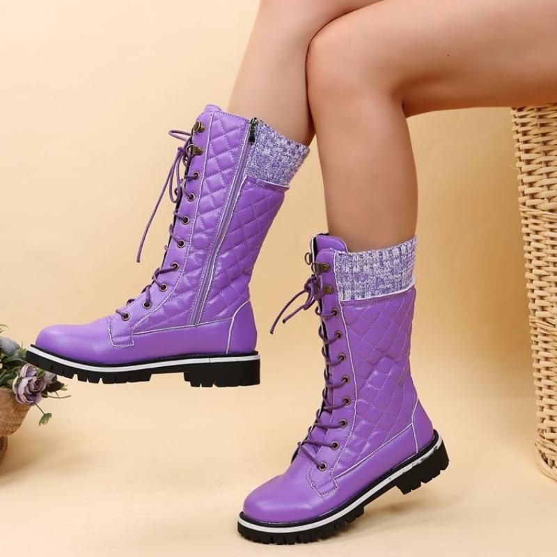 Fashion High-quality Winter Warm Boots Women's Winter Side-pull Lace-up Knitted Mid-tube Boots Low-heeled Round-toe Boots Botas De Mujer
