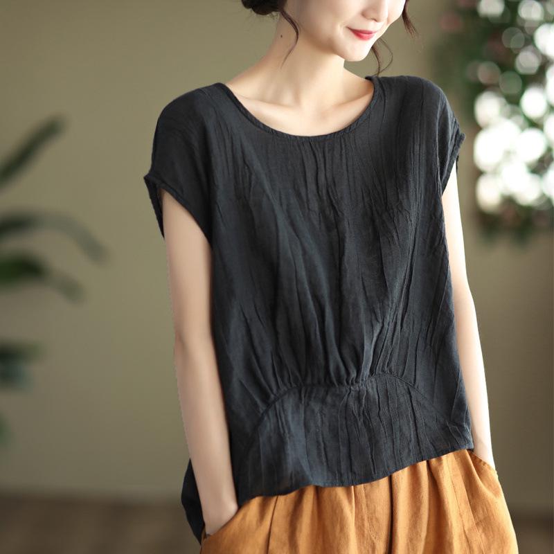 Women's Stylish Summer 2026 Solid Color Tencel Shirt - Loose Fit, Round Neck, Short Sleeves
