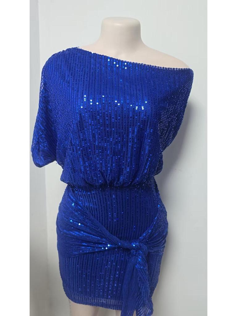 Cross-Border Glitter One-Shoulder Ruffled Party Dress for Women