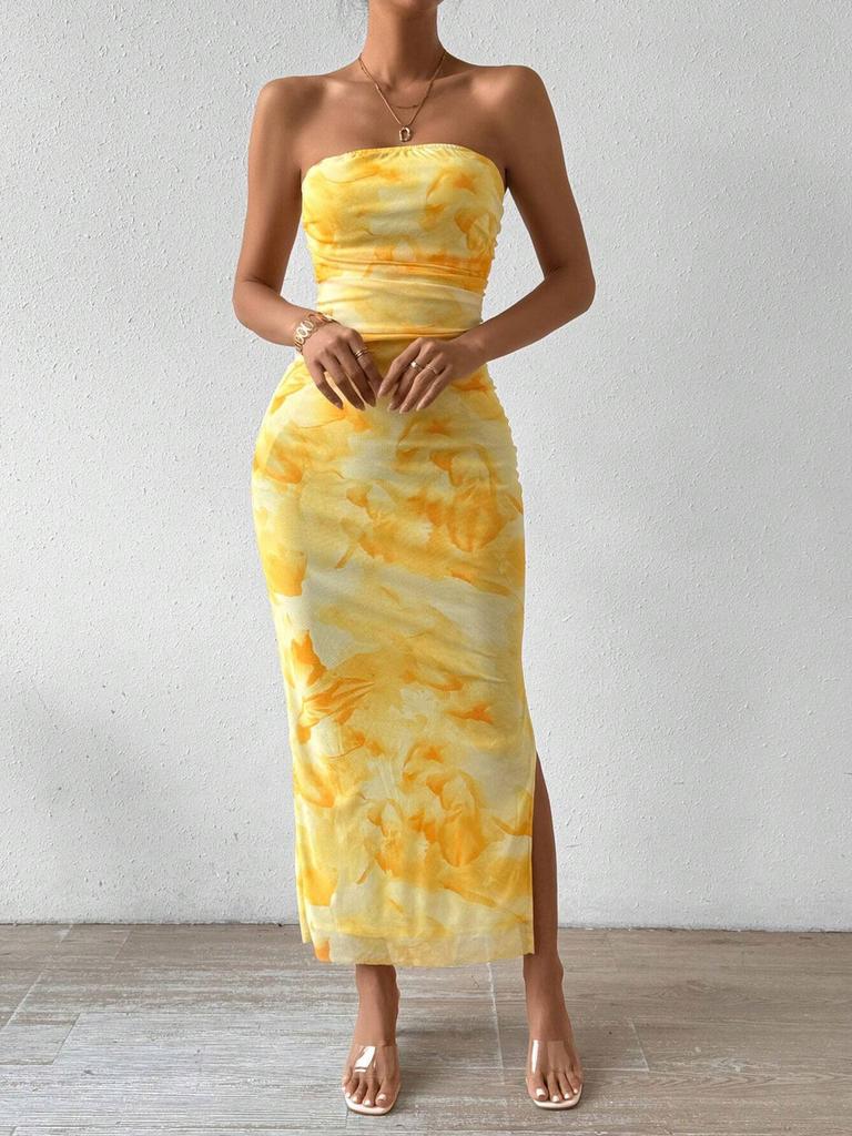 Women's TK Net Floral Printed Dress Summer New High Waist Slim Fit Split Back Cami Bodycon Skirt