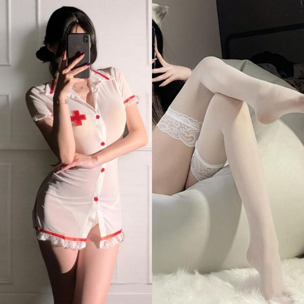 Manbaisha Sexy Sheer Deep V Lace Cosplay Nurse Uniform Set