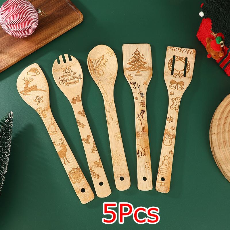 5 ks/sada Bambusové lžíce Kuchyně Vánoční potisk Ideální vánoční dárky Salátová špachtle Rodinné kuchyňské náčiní Pečení