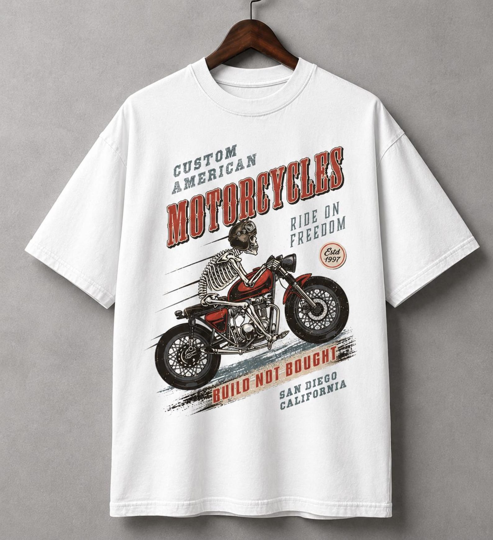 Skeleton Biker T-Shirt – Custom American Motorcycles Graphic Tee – Build Not Bought Retro Shirt 2XL