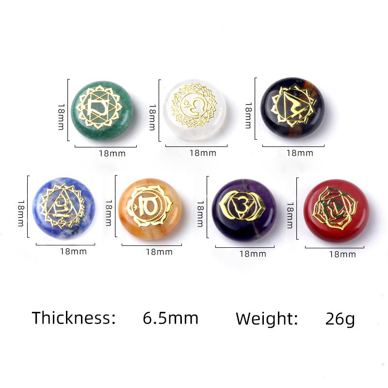 Set de 7 Piedras de Chakra 18x18mm Cristal Natural Redondas Piedras de Palma Símbolo de Chakra Grabado Cristal de Sanación Reiki Meditación