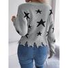 Women's V-Neck Star-Print Sweater Ragged Hem Style Long Sleeves Knitted Pullover
