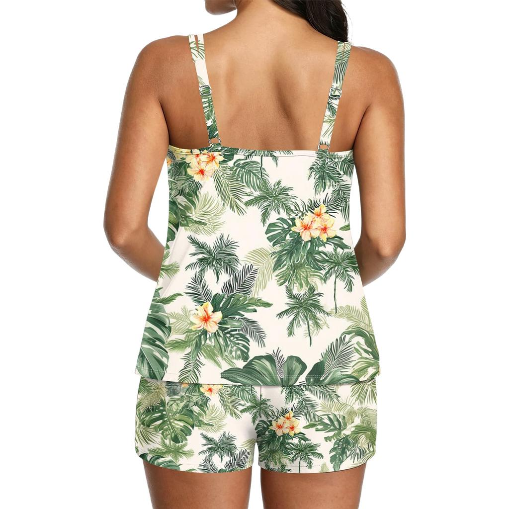 Women’s Printed Tankini Two Piece Swimsuit with Adjustable Straps and Athletic Shorts for Outdoor Swimming Beach Pool