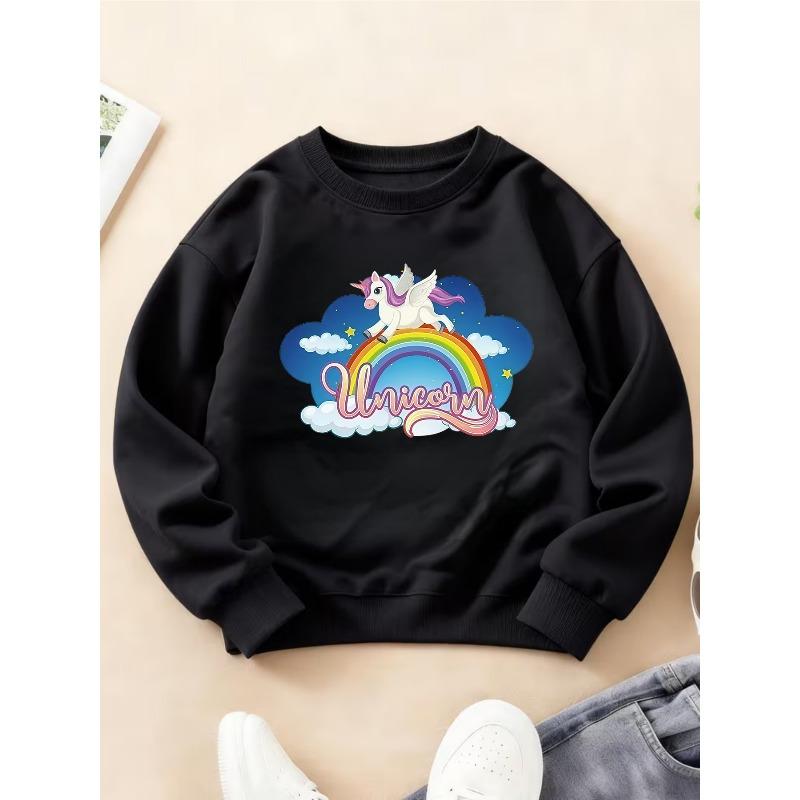 Kids Crewneck Sweatshirt, Dreamy Rainbow Unicorn Print 110 чёрный