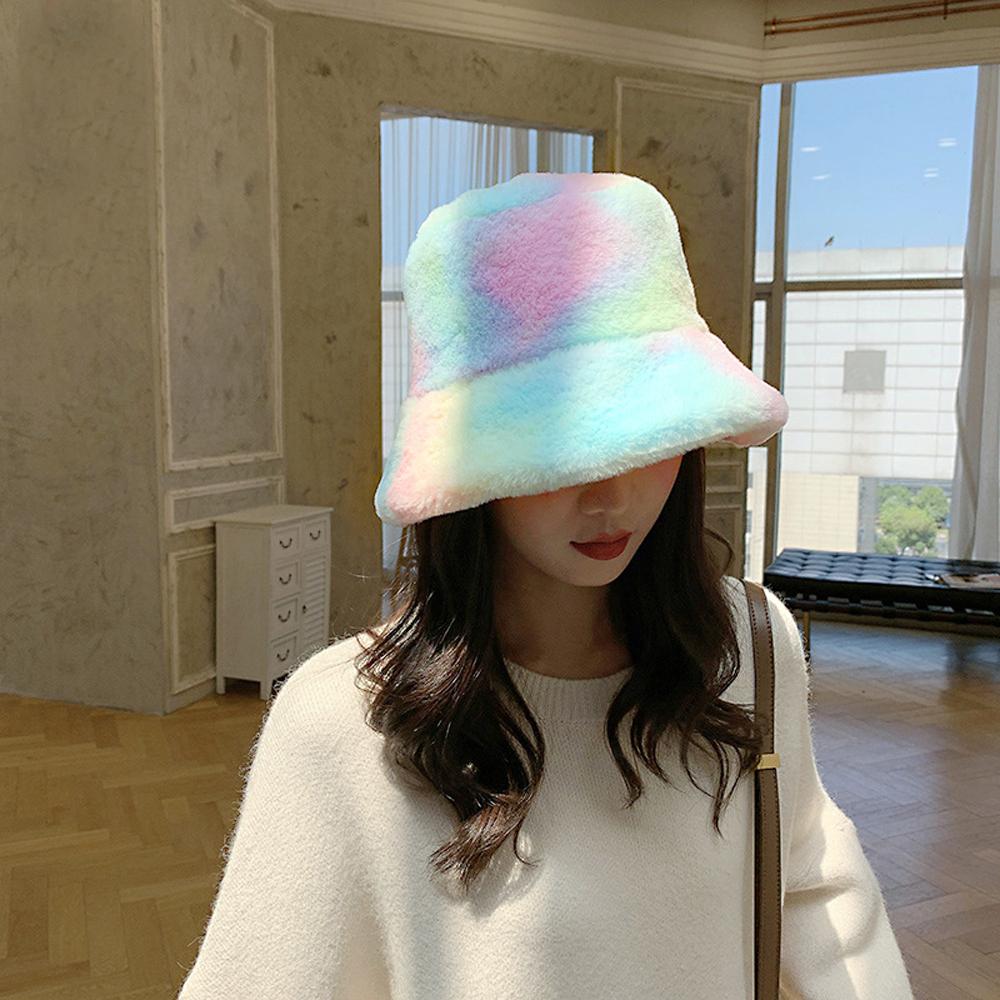 

Rainbow Outdoor Vacation Fashion Women Winter Hat Tie-Dye Bucket Hats Faux Fur Cap Fishing Cap