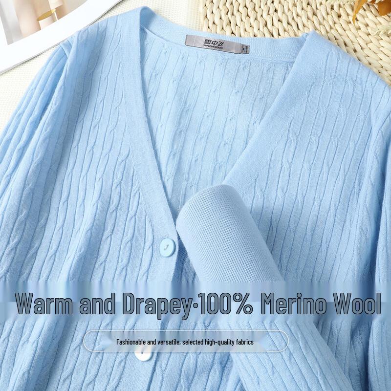 SNOWFLYING Women s 100% Wool V-Neck Cable Knit Cardigan L