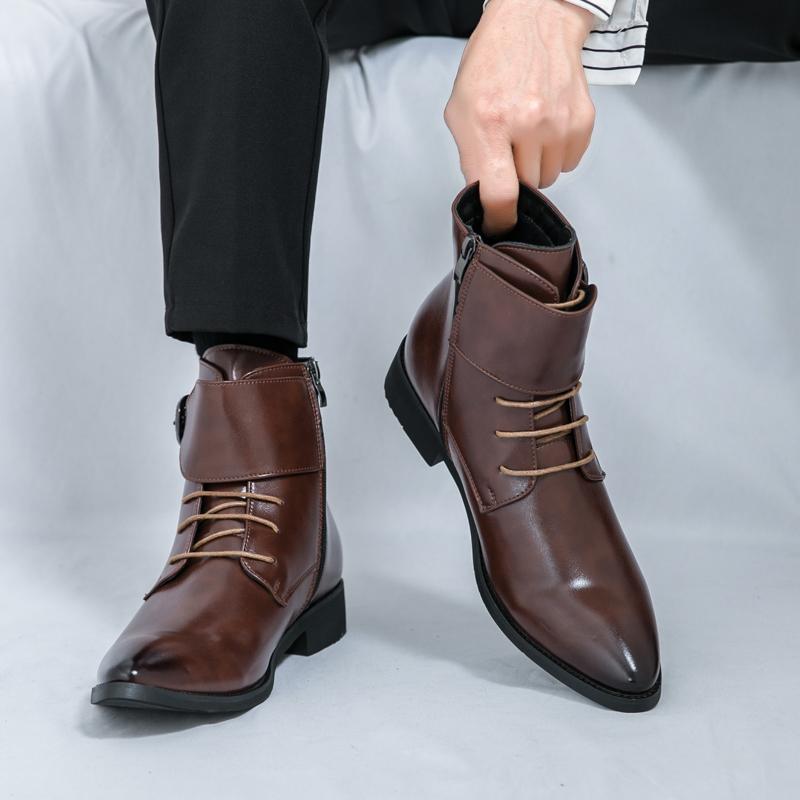 Autumn Collection Men Pointed High Top Boots Formal Leather Shoes Brand Men's Buckle High Top Comfortable Leather Shoes