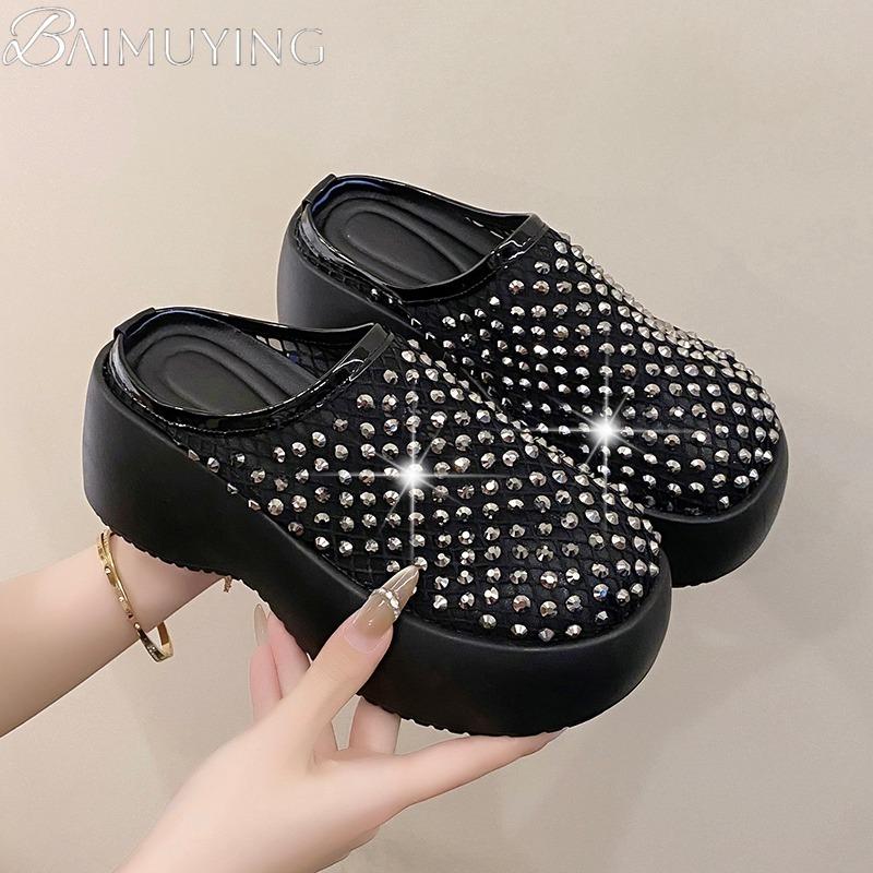 Fashion Crystal Mules Platform Shoes Woman Mesh Slippers Casual Women Flats Sandals Summer 2025 Trend Dress Comfort Wedges Sandalias