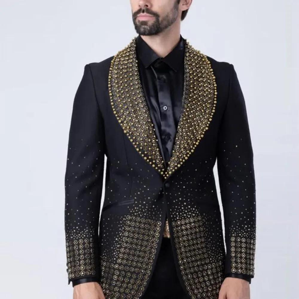 

Блестящий бисерный бриллиантовый смокинг для жениха, свадебный костюм, облегающий, из 2 предметов, с лацканами-шальками, блейзеры для выпускного, мужское платье L чёрный