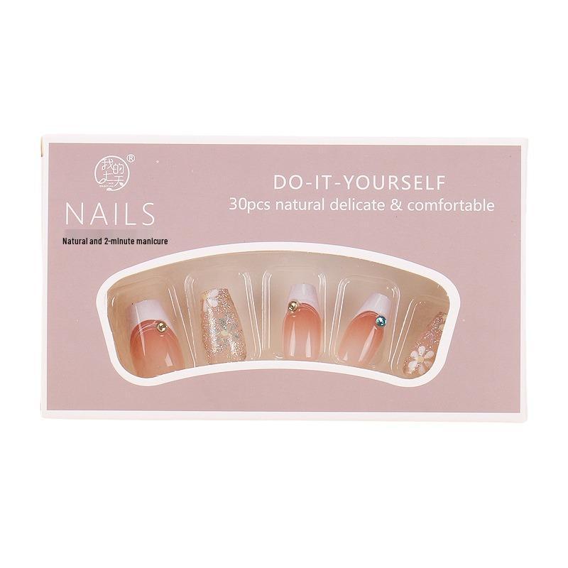 Wearable Flower Rhinestone French Nail Art Set - 30 Removable Short Handmade Pieces