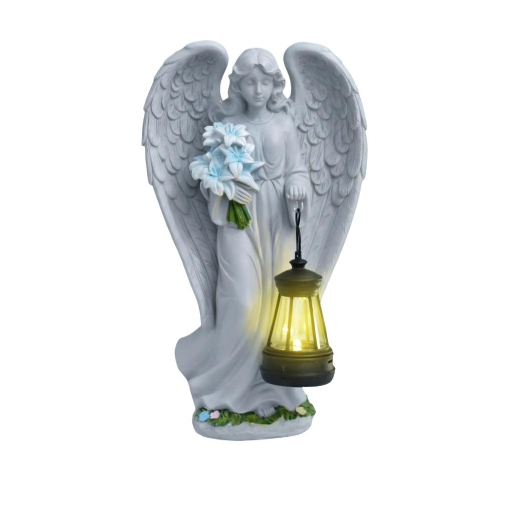 Anioł z żywicy z latarnią i bukietem kwiatów do dekoracji ogrodu, tarasu, podwórka. Ornament pamiątkowy