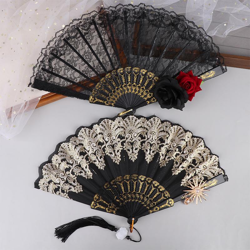 Ladies Lace Hand Fan Black White Cloth Folding Fans With Tassels Ancient-Style Dance Folding Hand Fan For Wedding Party Favor