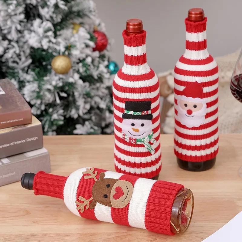 Christmas Knitted Striped Wine Bottle Cover Elk Snowman Red Wine Champagne Bottle Covers Gift Holders Xmas Decor New Year