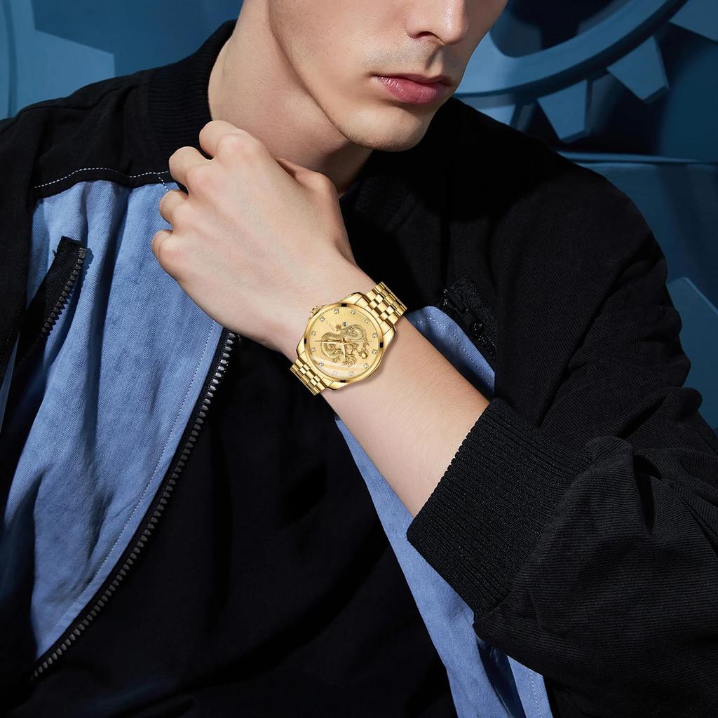 Men's Stainless Steel Dragon Watch In Gold: Luminous Analogue Watch with Calendar, Dragon Design, Antique Quartz Movement, 3ATM Water Resistance,