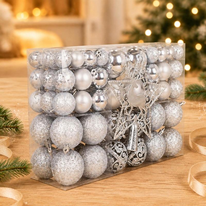 Plastic Christmas Tree Bauble Set, 101-Count Assortment with Mixed Finishes, Varied Ball Styles, and Cutout Star Toppers