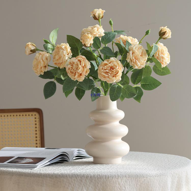Vintage Burned Edge Rose Artificial Floral Arrangement for Living Room or Dining Table Decor