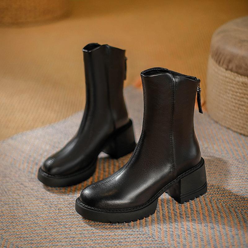 Platform Martin Boots Winter British Coarse Heel Short Boots Year Boots Brown Vintage High Heel Medium Boots 34 чёрный
