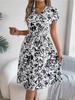 Kleid mit V-Ausschnitt, bedrucktem Knopf, taillenbetontes, elegantes, strähniges Selvedge-Kleid für Damen mit Fledermausärmeln, lockere Kleider, lässiges Kleid