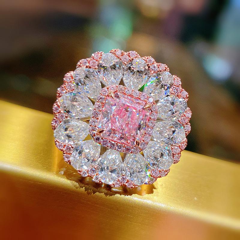 Super Shiny Full Diamond Colored Treasure Ring, Pillow-Shaped Argyle Pink Diamond Temperament Light Luxury Socialite Ring