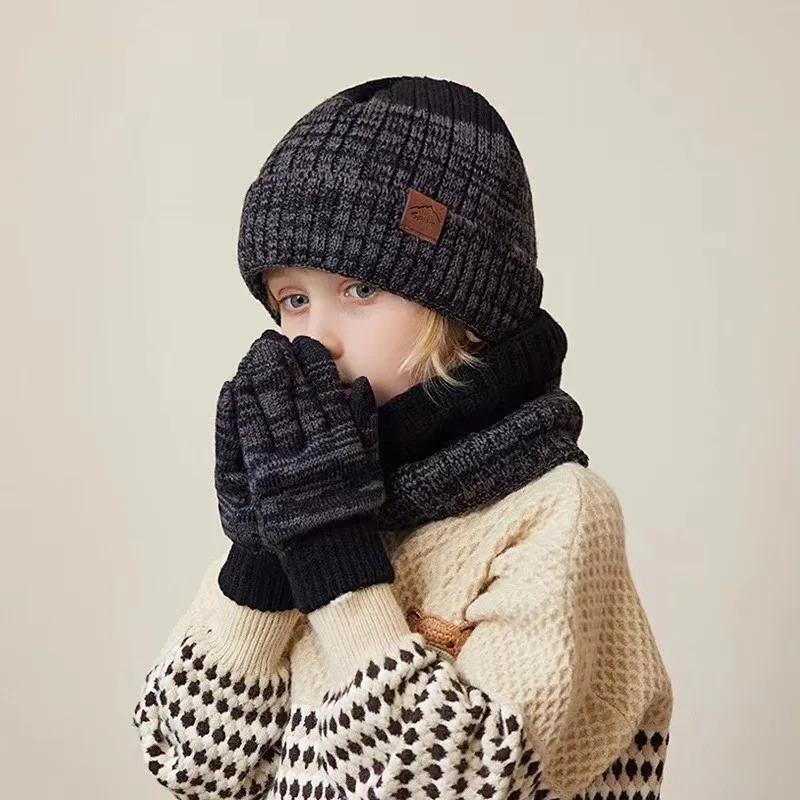 Children Winter Hat Scarf Gloves Set Knitted Kids Beanie Scarves Non Slip Telefingers Gloves Child Cap for Girls Boys