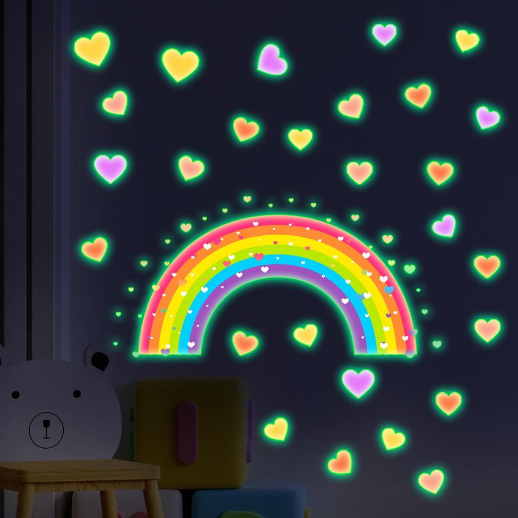 Glow-in-the-Dark Heart Stickers for Bedroom Decoration - Fluorescent Rainbow Self-Adhesive Wall Stickers