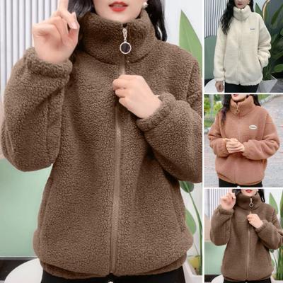 Women Winter Sherpa Coat Fuzzy Warm Solid Color Stand Collar Loose Fit Zipper Closure Dual Pocket Drop Shoulder Long Sleeves