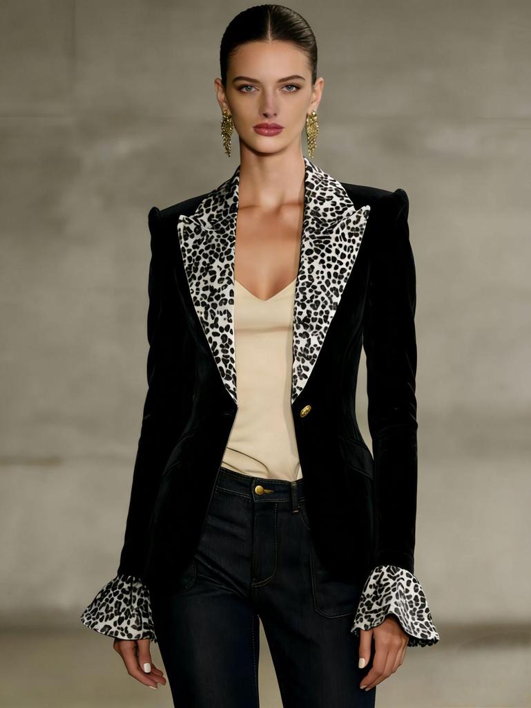 Multi-color Leopard Print Velvet Suit with Bell Sleeves and Faux Pockets - Women's Fashion