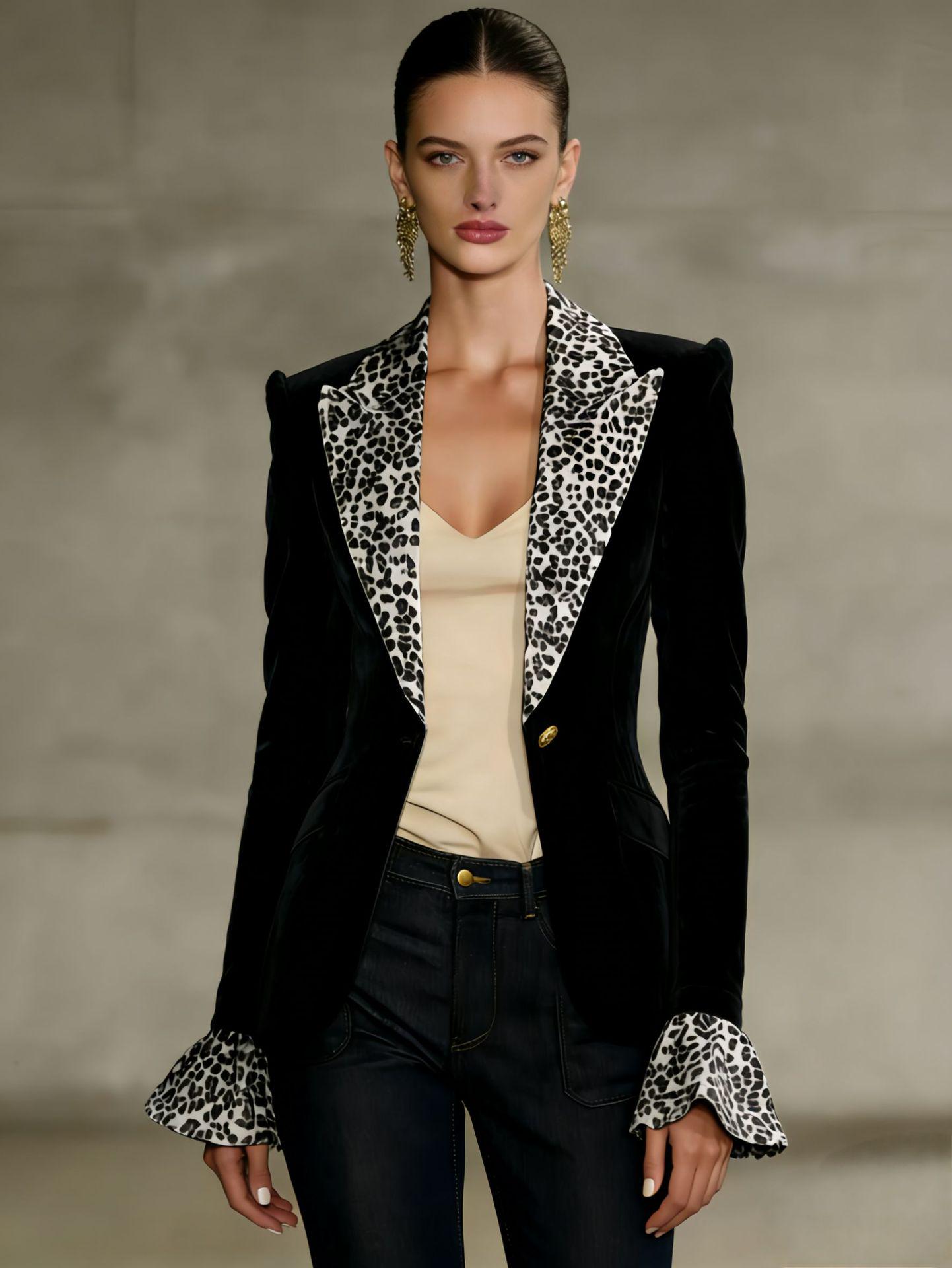 

Multi-color Leopard Print Velvet Suit with Bell Sleeves and Faux Pockets - Women s Fashion S