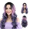 Long Natural Looking for Purple Pink Wavy Wig Bangs Women Heat Resistant Synthetic Hair Loose Wave Style 150% Density Rose