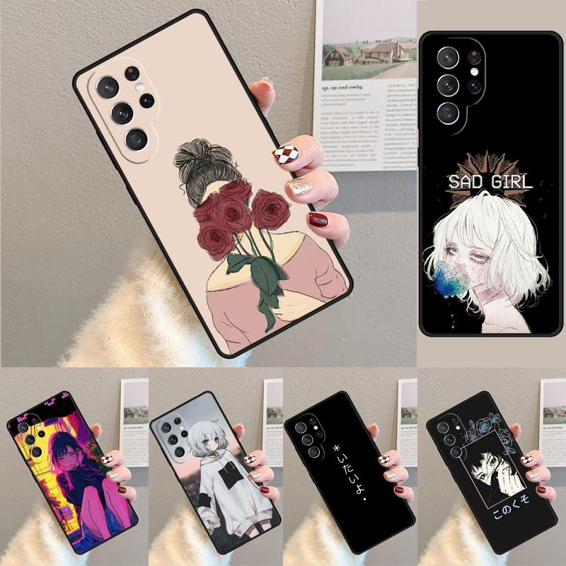 Sad Girl Japanese Anime TPU Phone Case For Samsung Galaxy Note 10 Pro S26 S25 S24 S23 S22 Ultra Plus S21 FE S20 Shockproof Cover