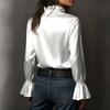 Long Sleeve Satin Button Down Shirt for Women with Flared Cuffs Classic Collar Relaxed Fit Silky Blouse Top