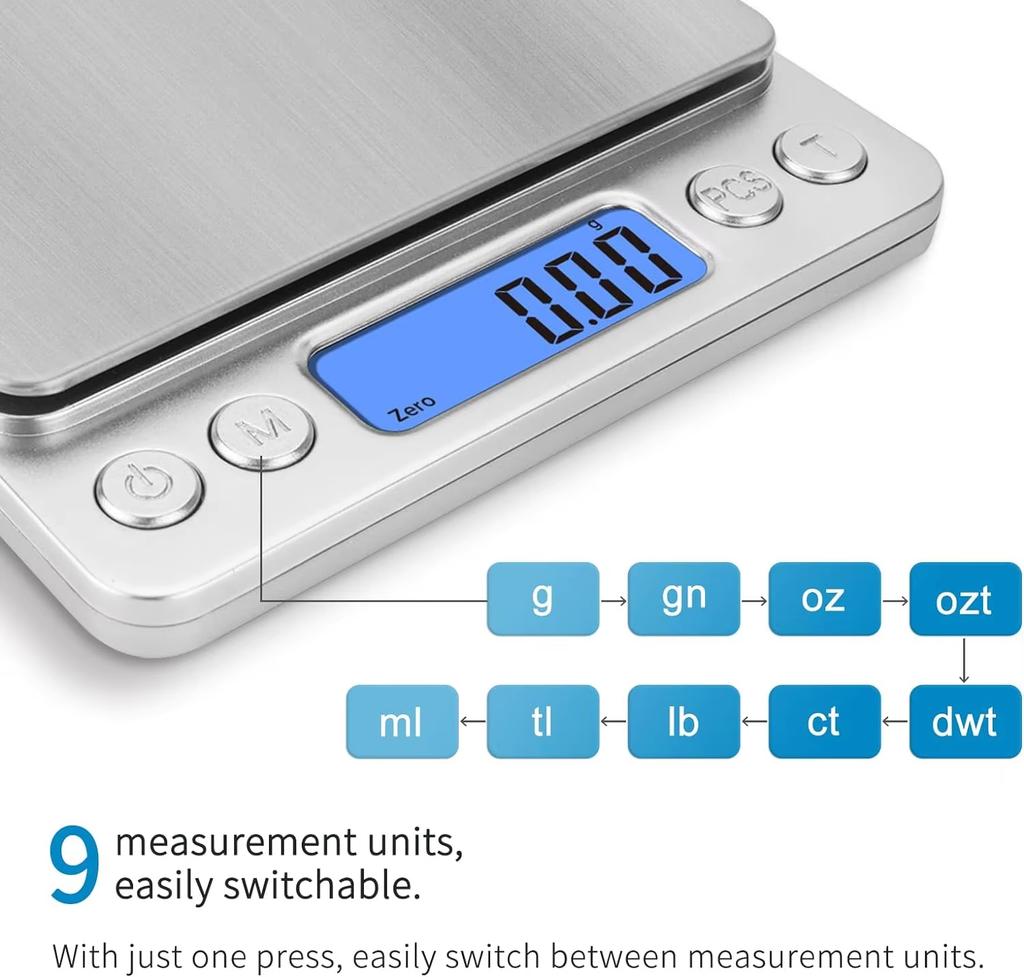 Digitale Lebensmittelwaage mit Gramm und Unzen Küchenwaage mit Tablett Tragbare Mini-Digitalwaage 6 Messmodi mit LCD-Anzeige Y223