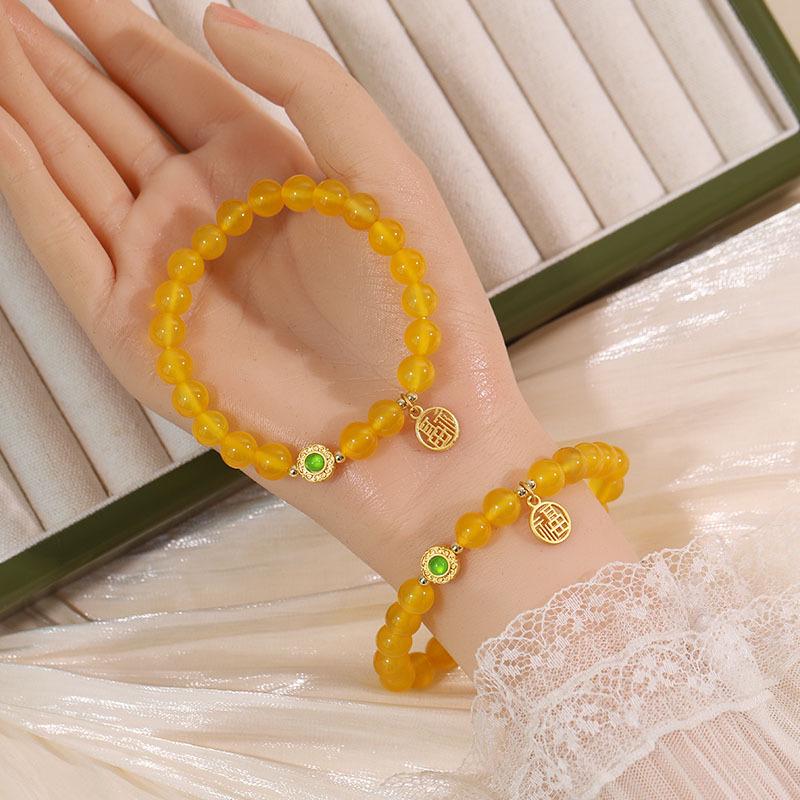 Natural Yellow Agate Bracelet: Fu Character Beaded, Versatile Chicken Fat Yellow Design for Women, Best Friend Gift, Simple High-Grade Small Ornament.