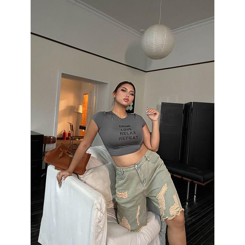 Nan Loose-Fit Raw Hem Ripped Denim Female New Arrival Summer Plus Size Plus Size Ladies High Waist Slim Looking Wide-Leg Half Pants Easiest for Match