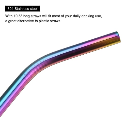 uxcell Reusable Metal Straws, Curved Drinking Straws, 4-Pack, Stainless Steel, 266mm x 8mm, for Milkshakes, Beverages, and Juices, Rainbow Colors
