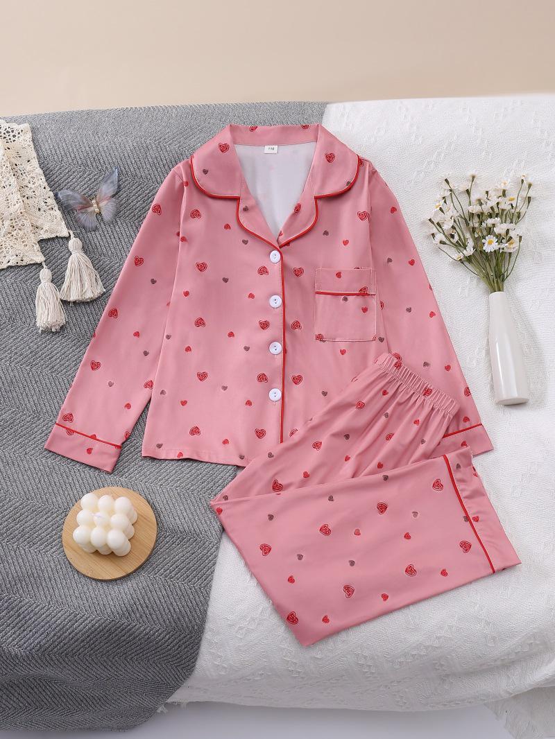 Heart Print Long Sleeve Pajama Set for Girls Size 120