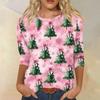 Women's Fashion Casual Christmas Tree Printed Round Neck Three-Quarter Sleeve T-Shirt Top