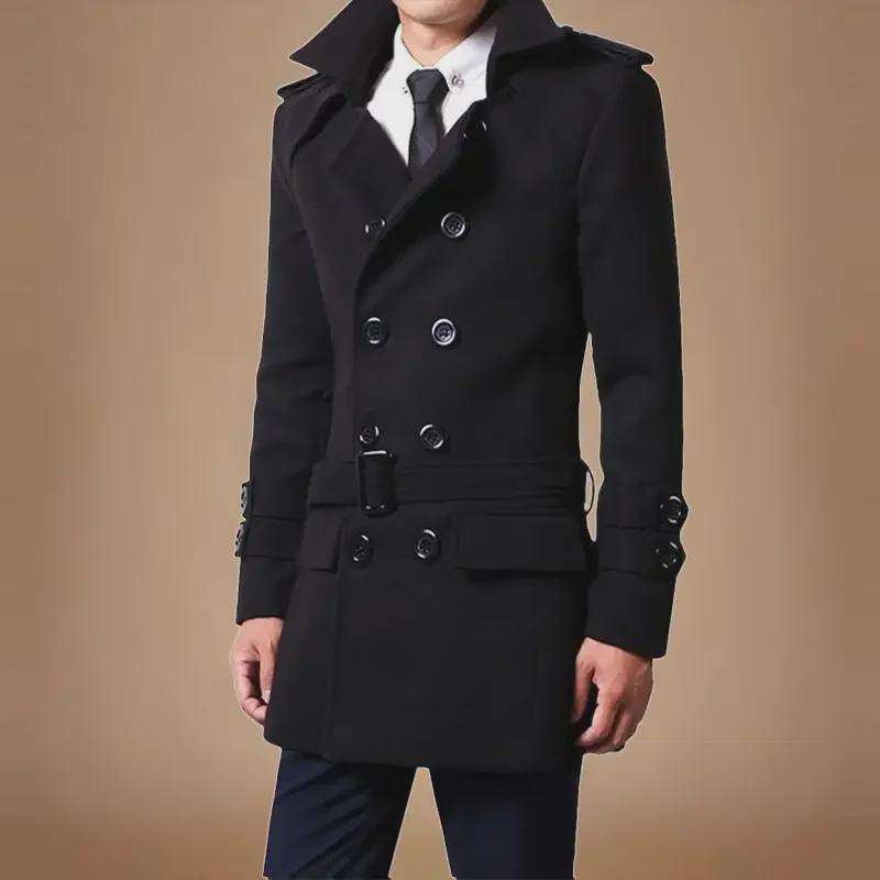 Men's Mid-Length Woolen Double-Breasted Windbreaker with Velvet Lining - Autumn/Winter 2021 Trend