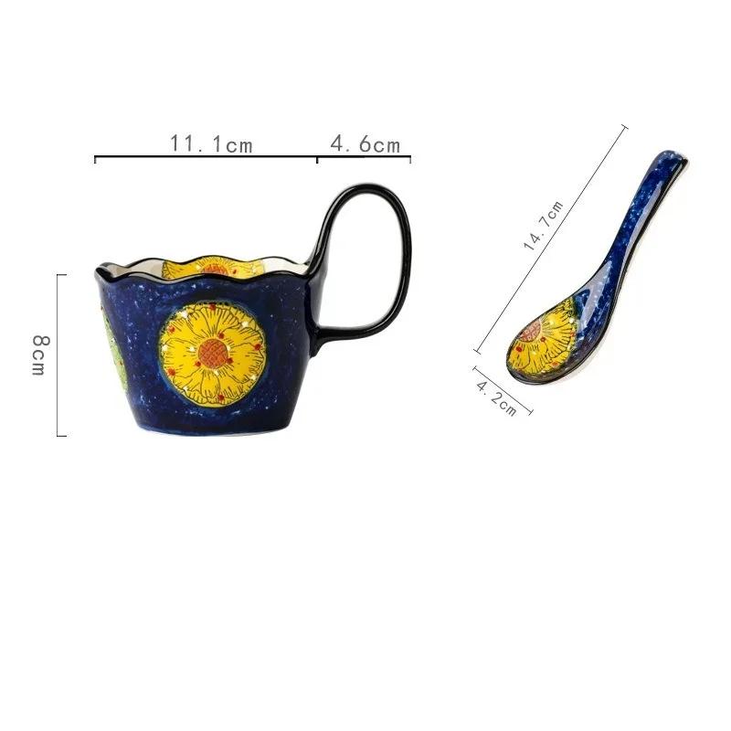 400ML Ceramic Mug Hand-painted Flower Handle Coffee Cup with Small Spoon Office Home Breakfast Milk Cup Holiday Gift for Couples