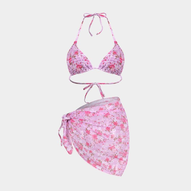 TS JYL-BK045 Mesh Skirt Three-Piece Bikini, Print Triangle Slim Swimwear For Vacation