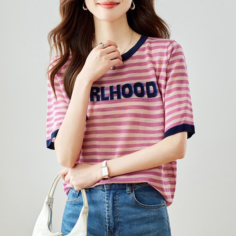 

Контрастная полосатая футболка с коротким рукавом для женщин на лето, новая, с принтом букв, круглым вырезом, омолаживающий девичий топ One size