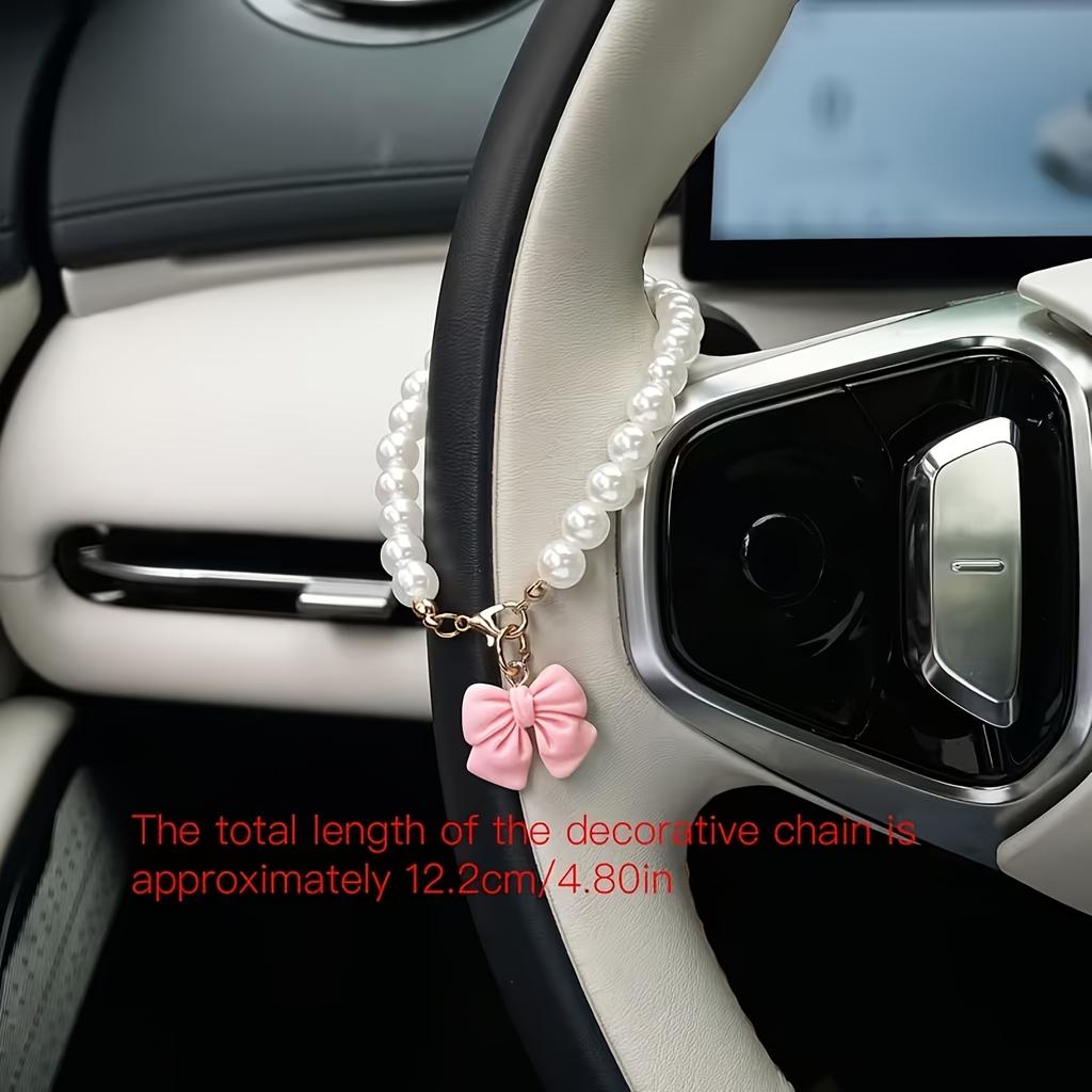 Sweet Style Faux Pearl Chain Car Hanging Ornament, Soft Pink Bow Pendant, Detachable Lobster Clasp, Does Not Block The View
